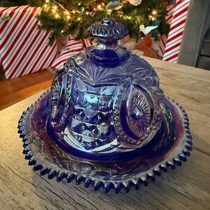 Fenton carnival blue covered dish
